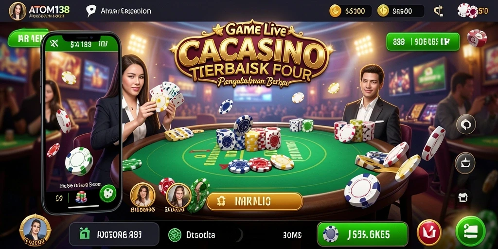 Tampilan gameplay Live Casino di ATOM138 dengan dealer langsung dan pemain interaktif.