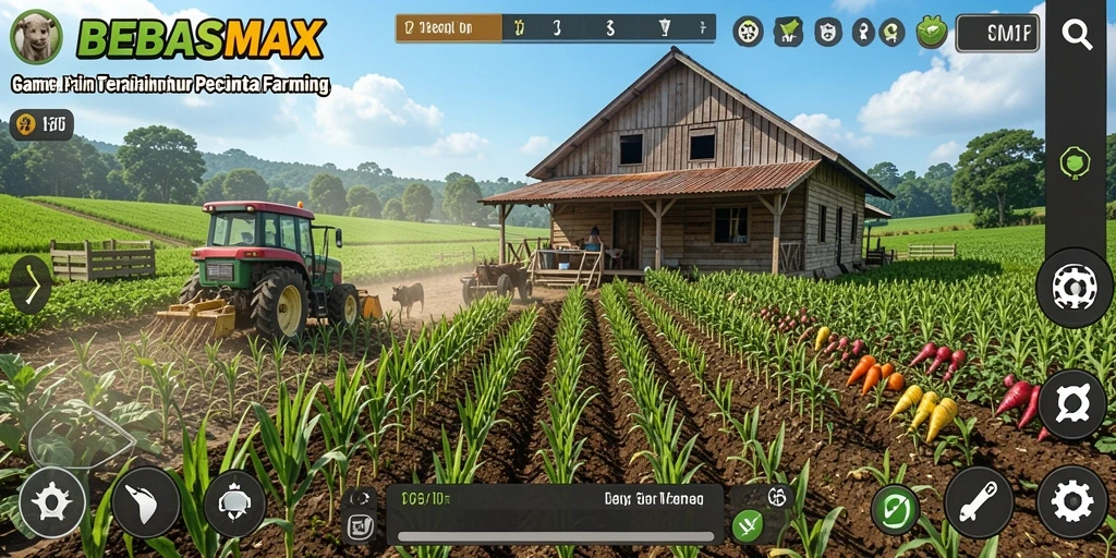 Tampilan gameplay <strong>BEBASMAX</strong> yang menawan dengan ladang hijau dan hewan ternak.