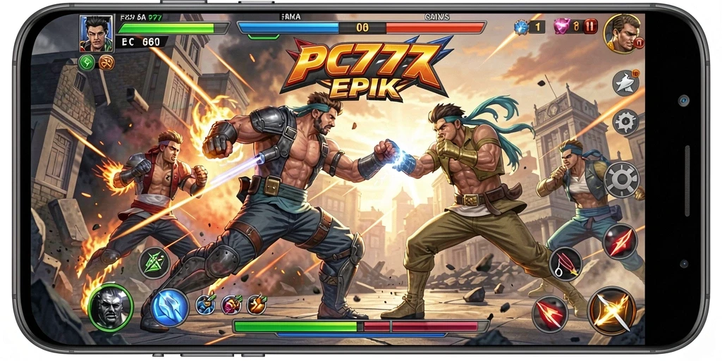 Tampilan screenshot PC777 menampilkan aksi pertarungan yang intens dengan karakter beragam.
