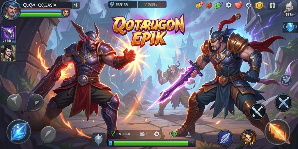 Screenshot utama <strong>QQ88ASIA</strong> menampilkan pertarungan seru di arena dengan karakter sedang menyerang.
