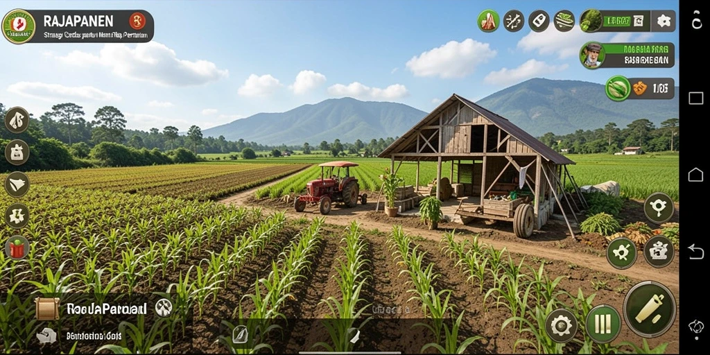 Tampilan gameplay RAJAPANEN dengan strategi pengelolaan lahan pertanian.