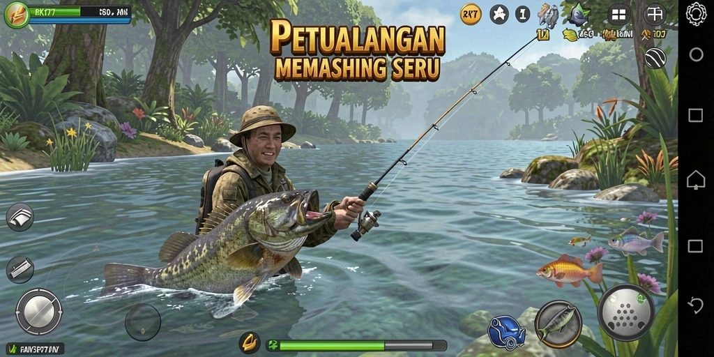 Screenshot gameplay RK77 yang menunjukkan aksi memancing yang mendebarkan.
