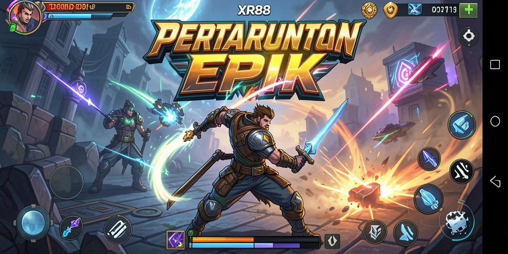 Screenshot XR88 menampilkan pertarungan seru antara dua karakter di arena.